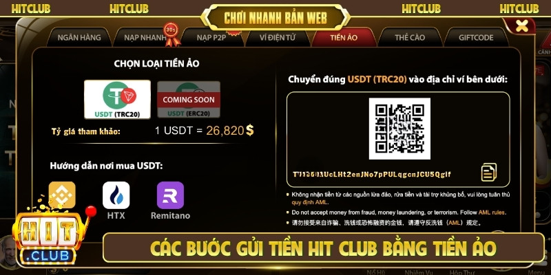 Các bước gửi tiền Hit Club bằng tiền ảo