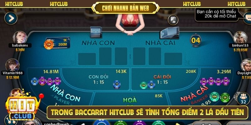 Trong baccarat Hitclub sẽ tính tổng điểm 2 lá đầu tiên